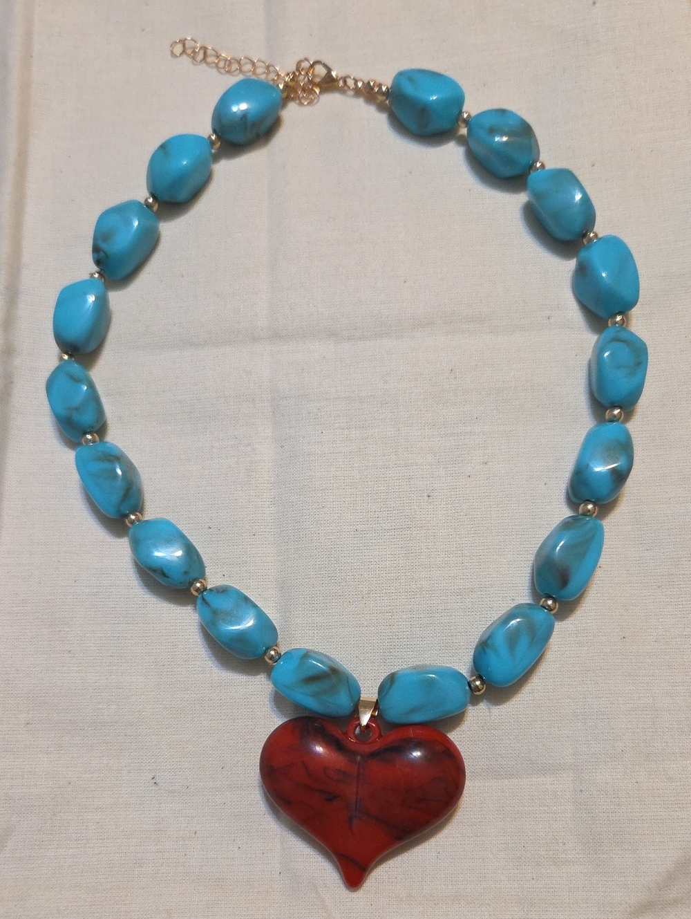 Heart Pendant Turquoise Bead Necklace - Blue and Red -